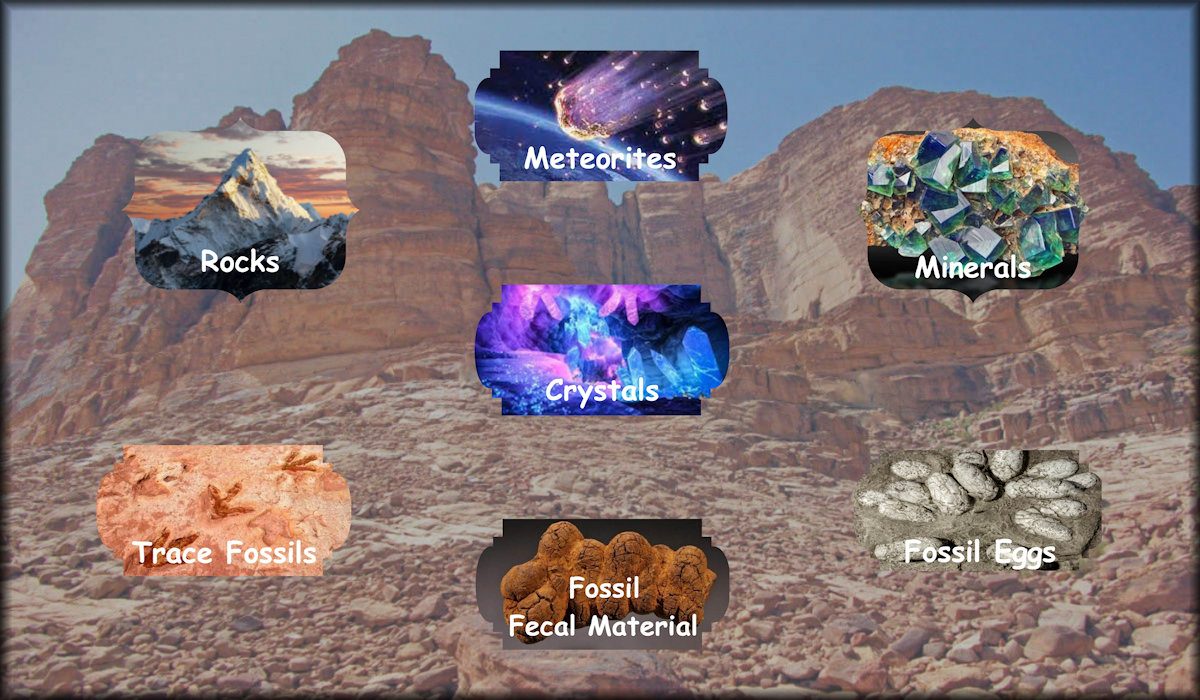 family tree for terrestrial and extraterritorial inanimate solids including rocks, minerals, meteorites, crystals, trace fossils, fossil eggs, and fossil fecal material.