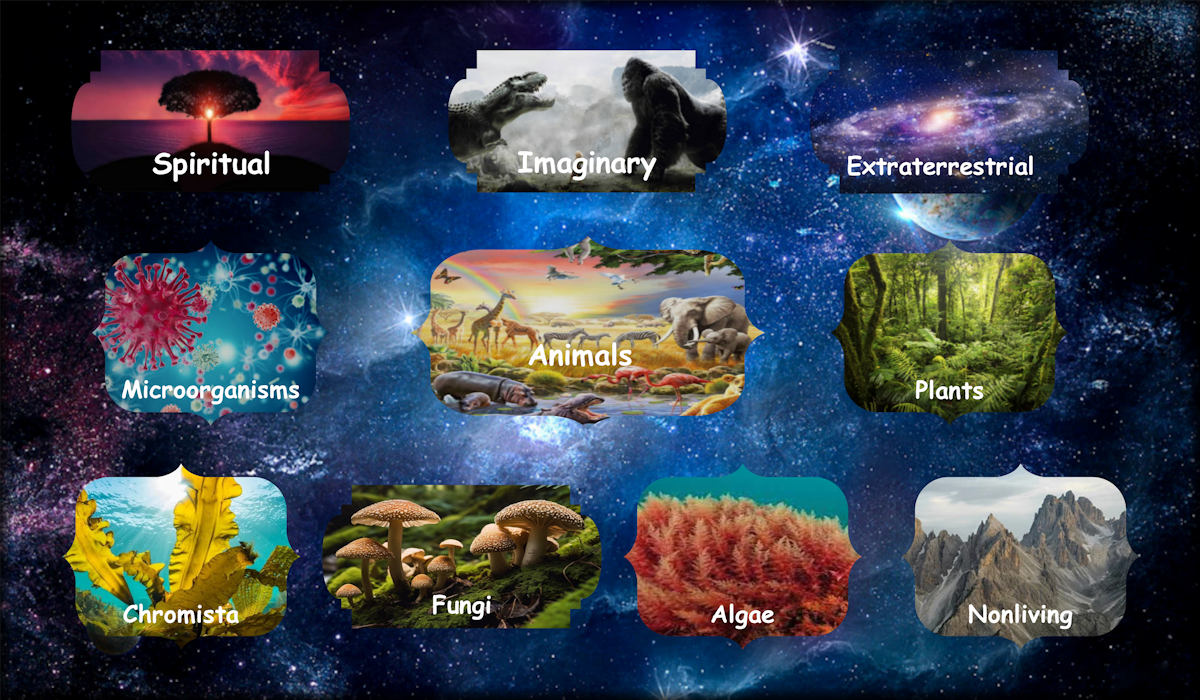 Family Tree including living and extinct creatures, Inanimate Solids, Spiritual Entities, Celestial Bodies, Imaginary/Fictional creatures, Air, and Water.